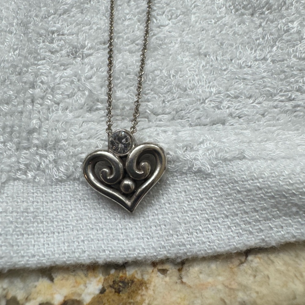 Brighton Silver Heart Scroll Pendant Necklace with Crystal Accent - Silver